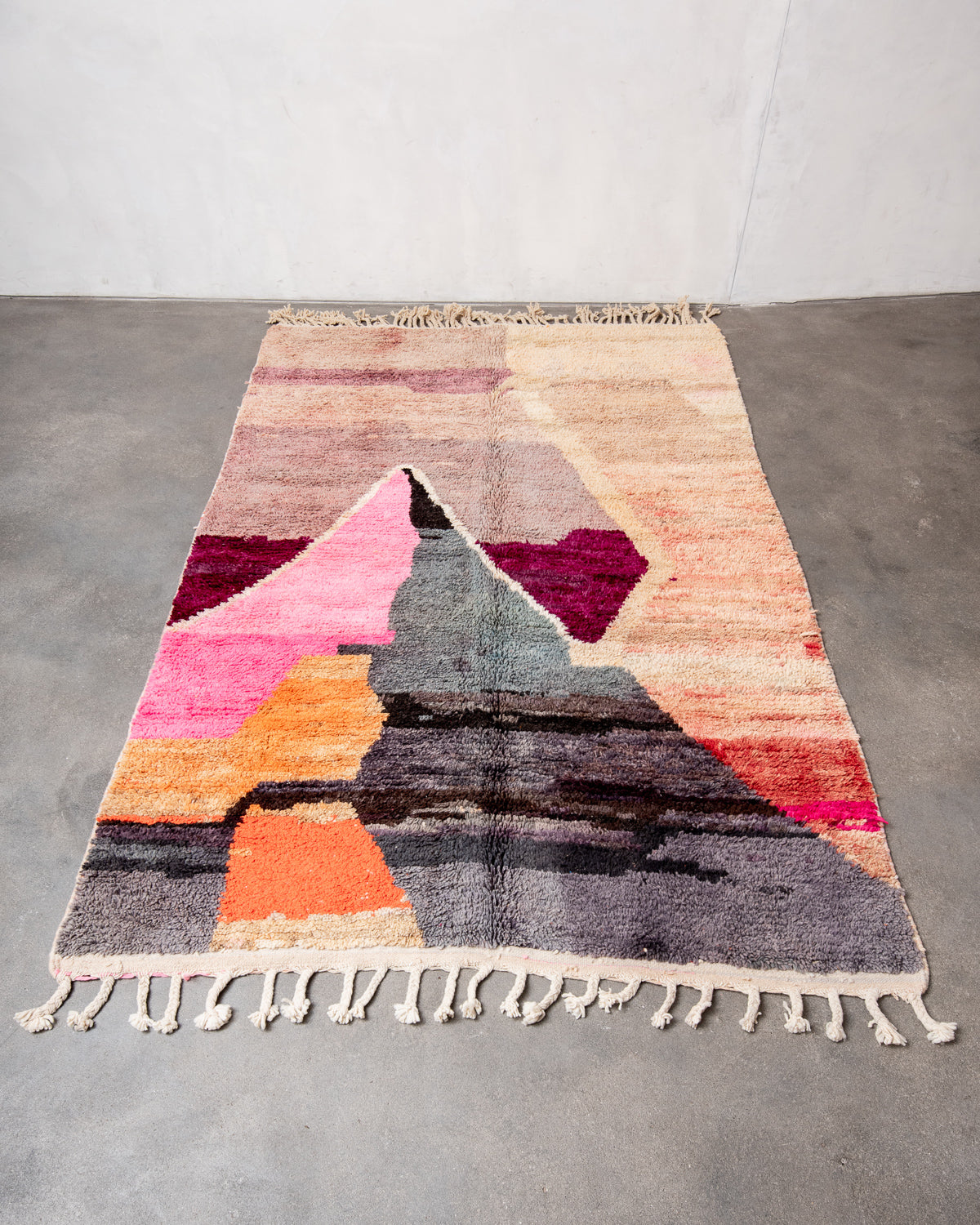 Modern, designer, handcrafted Berber rug from Morocco. Vintage carpet with beautiful colours and patterns and fluffy texture.